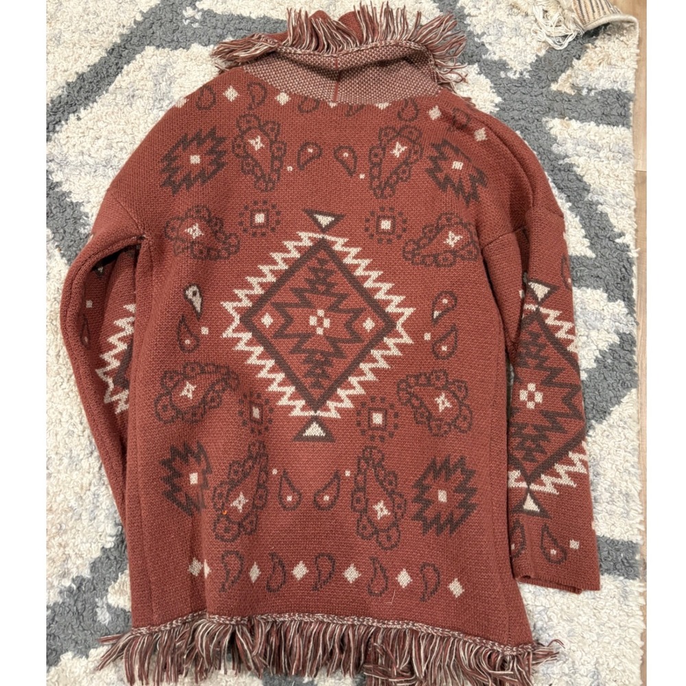 New In Southwestern Fringe Cardigan Rust Orange Aztec Paisley Boho Sweater M xx - Picture 4 of 8